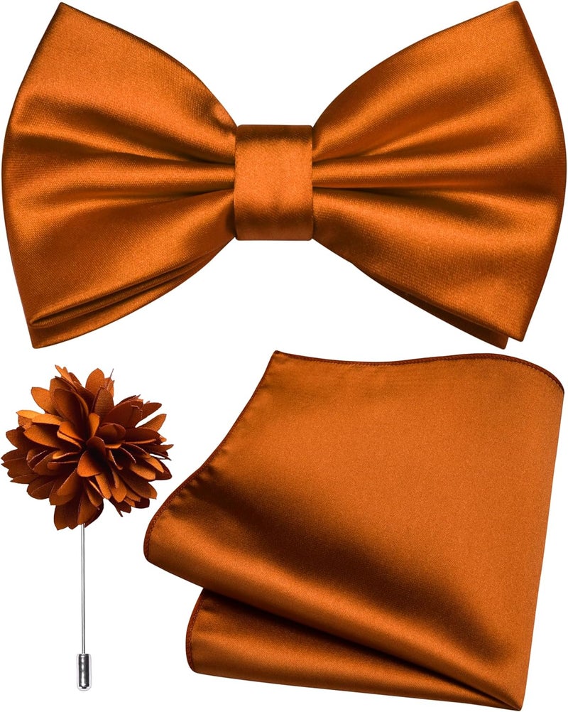 Branduce Solid Color Pre-tied Bow Tie and Pocket Square Lapel Pin Set for Men - Image 1